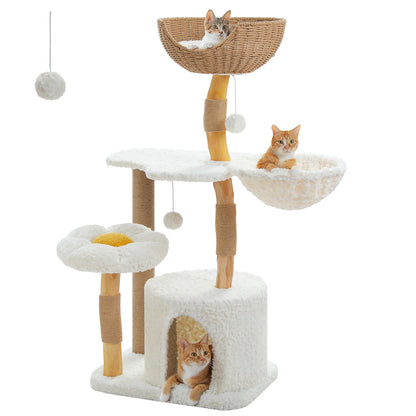 CleoCatra’s Cloud Haven Tower™ – Multi-Level Cat Tree with Wicker Basket & Flower Bed