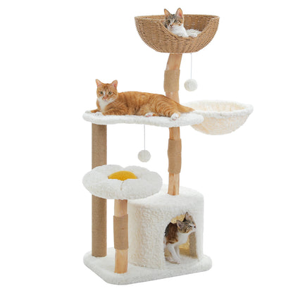 CleoCatra’s Cloud Haven Tower™ – Multi-Level Cat Tree with Wicker Basket & Flower Bed