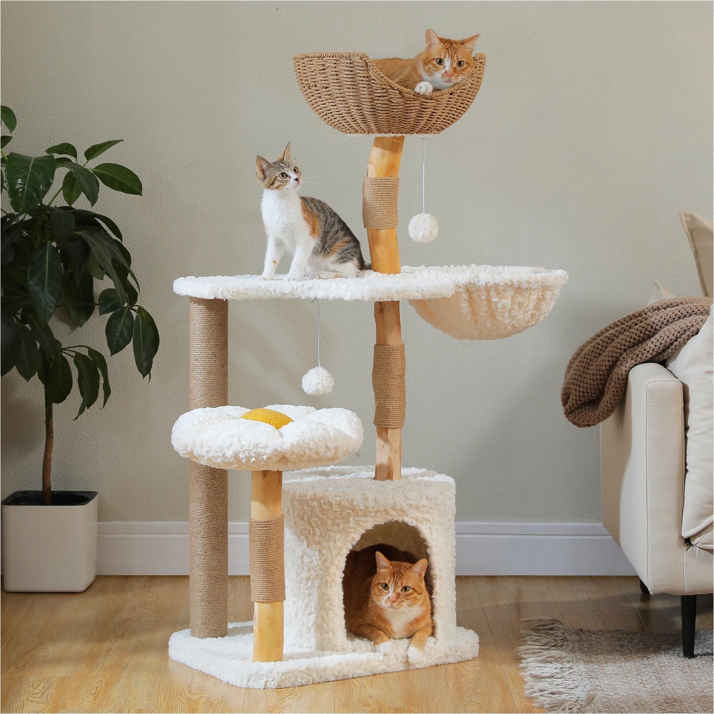 CleoCatra’s Cloud Haven Tower™ – Multi-Level Cat Tree with Wicker Basket & Flower Bed