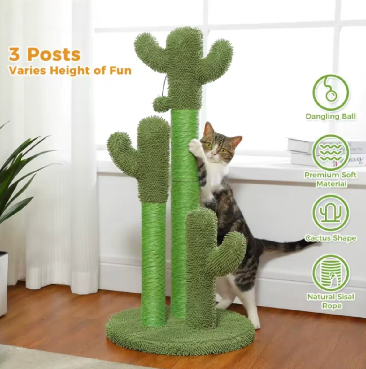 CleoCatra’s Cactus Oasis™ - Cactus Scratching Post with Sisal Poles & Dangling Ball